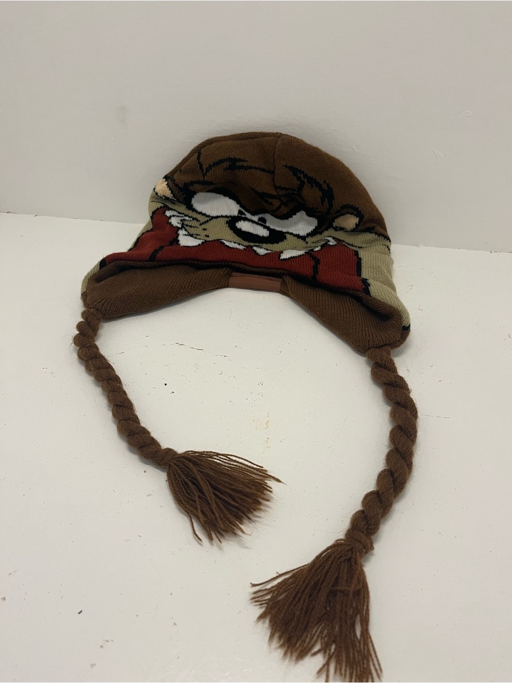 Vintage Looney Tunes Taz Trapper Hat Ear Flaps Braided Tassels Brown One Size